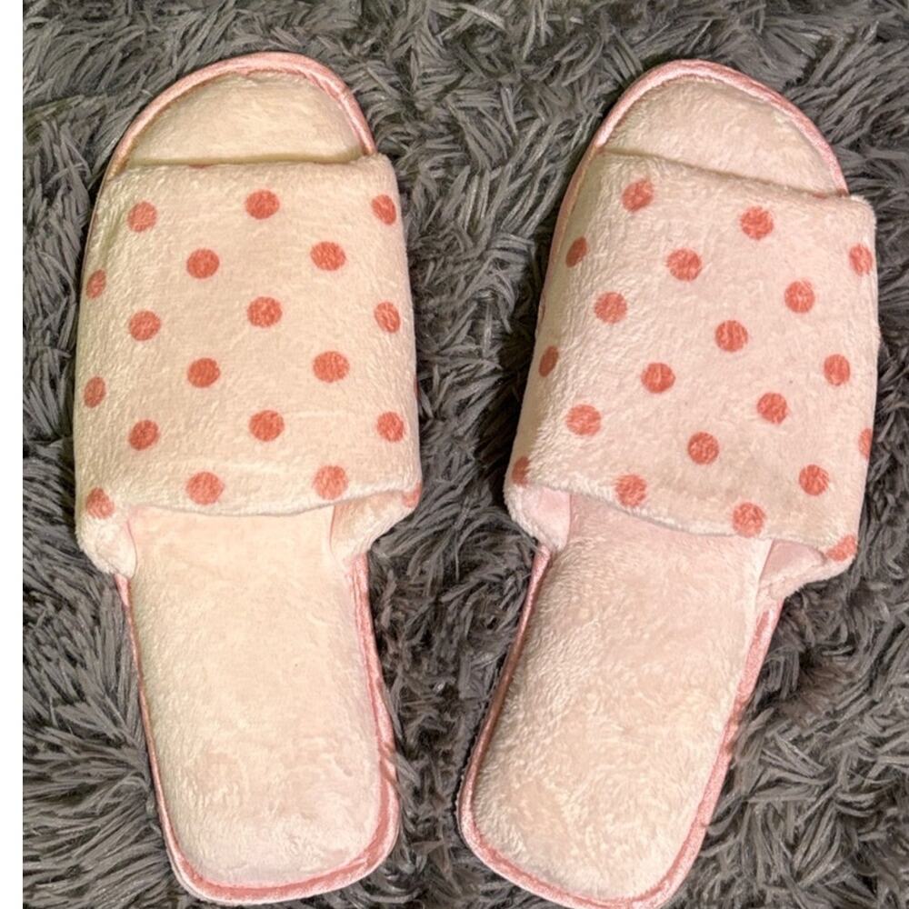 Plush Pink Polka Dot Open-Toe Slippers new women's size 7/8 medium